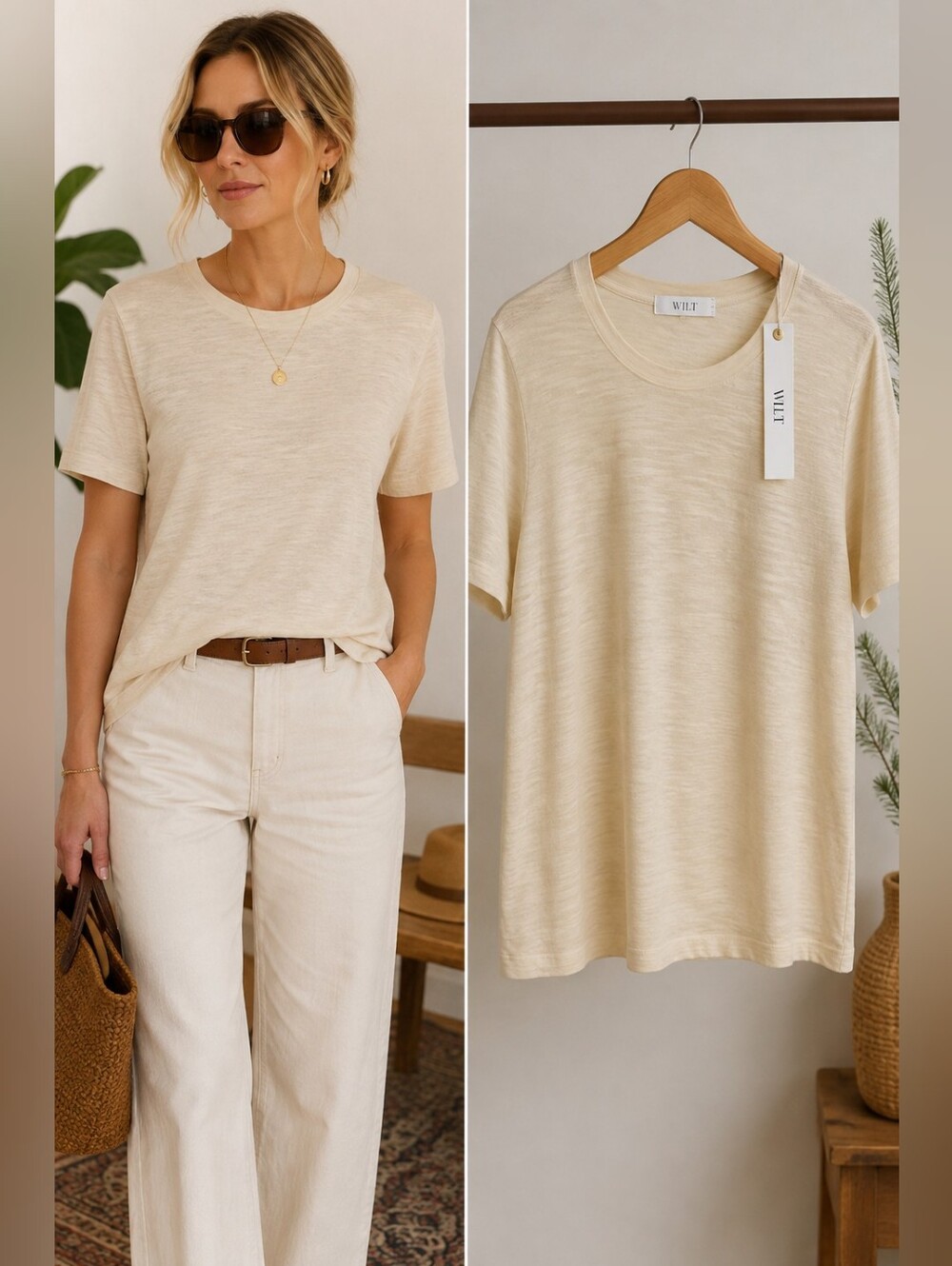 WILT Slub Knit Top Cream Linen Blend Short Sleeve Crew Neck L NWT